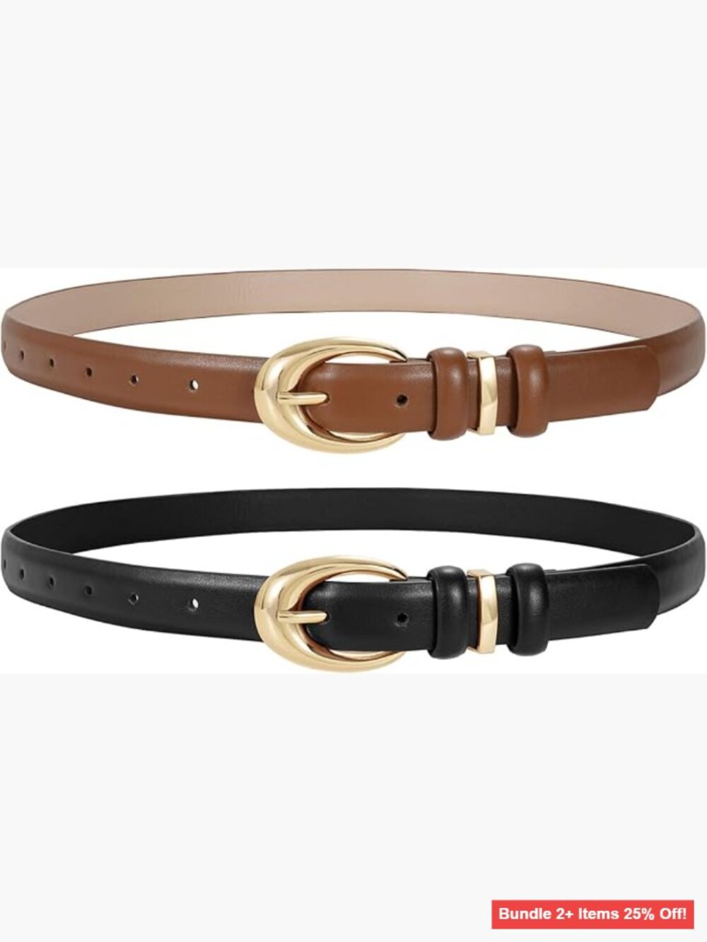 2 Pack Women's Faux Leather Skinny Belts with Gold Silver Buckle for Jeans
